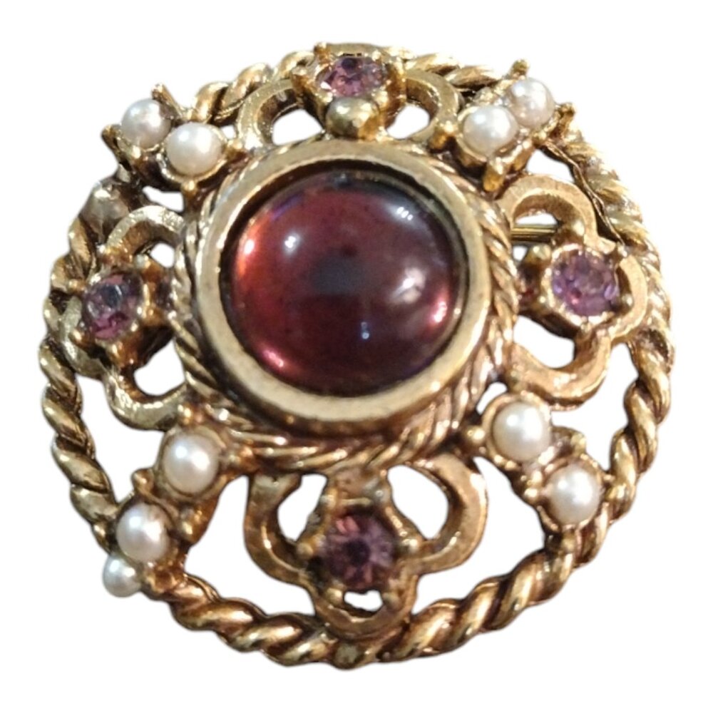Vintage Domed Cabochon Brooch with Glass Amethyst & Pearls - Picture 3 of 3